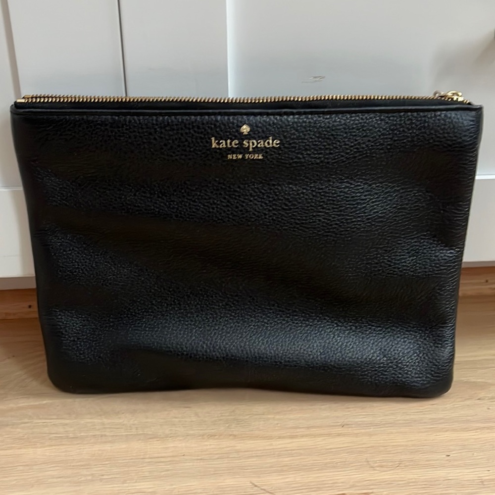 Kate Spade New York black leather clutch with gold details